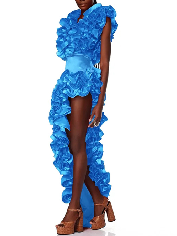 Frilled V Neck One Piece Swimsuit and Skirt