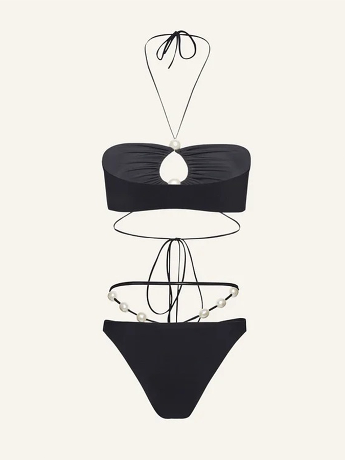 Halterneck Pearl Bandeau High Waist Bikini Swimsuit and Sarong