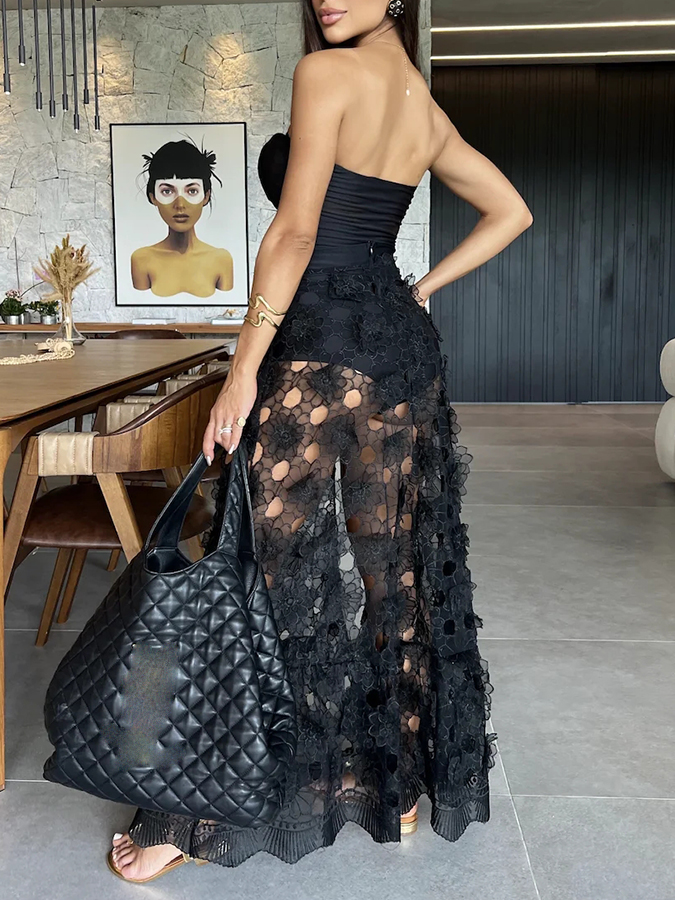 Black 3D Flower One Piece Swimsuit and Skirt