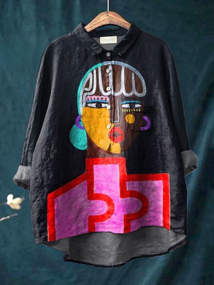 African Tribal Lady Portrait Art Printed Women's Casual Cotton And Linen Shirt
