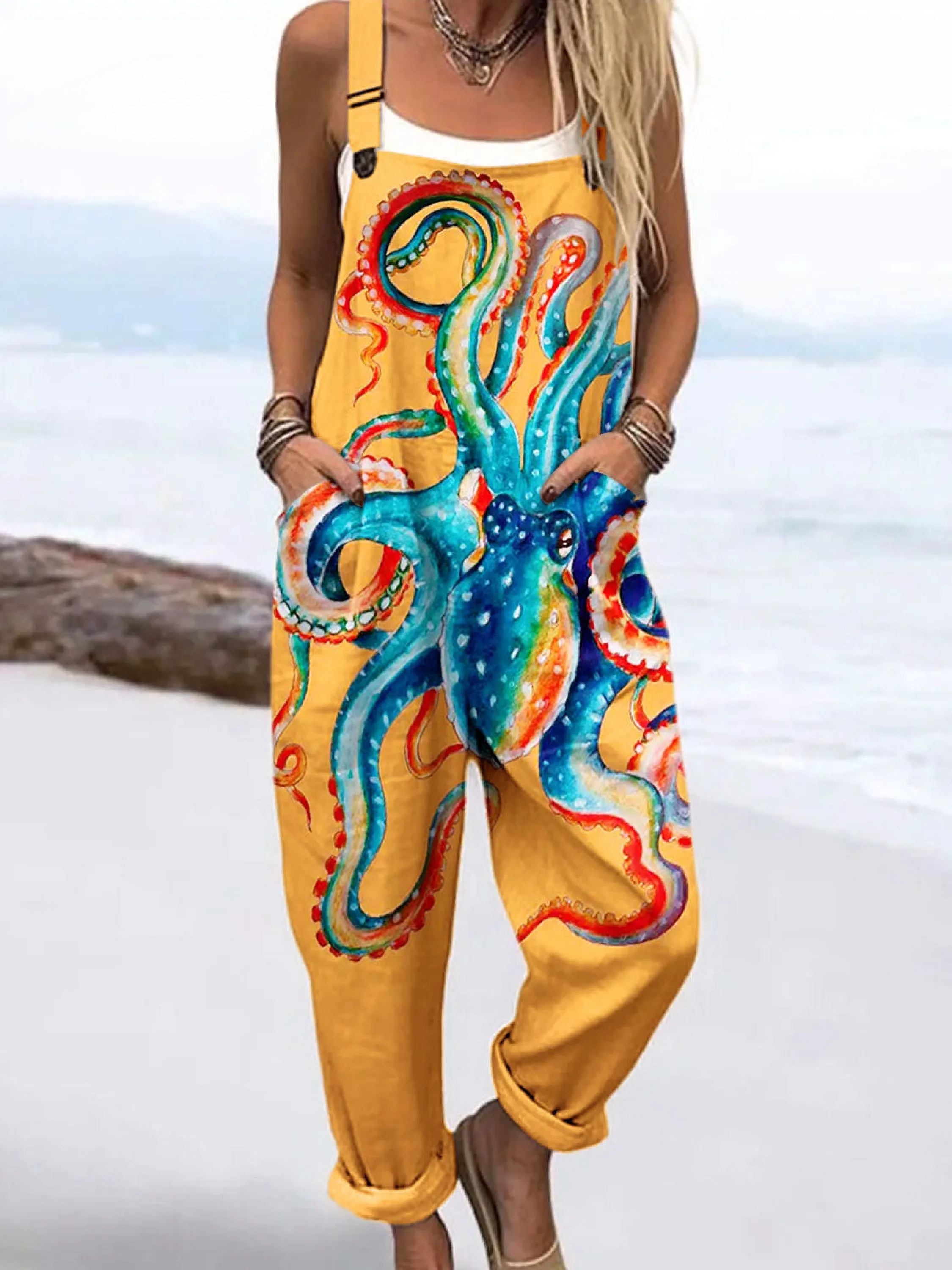 Women's Vintage Abstract Octopus Art Print Casual 100% Cotton Wide Leg Jumpsuit