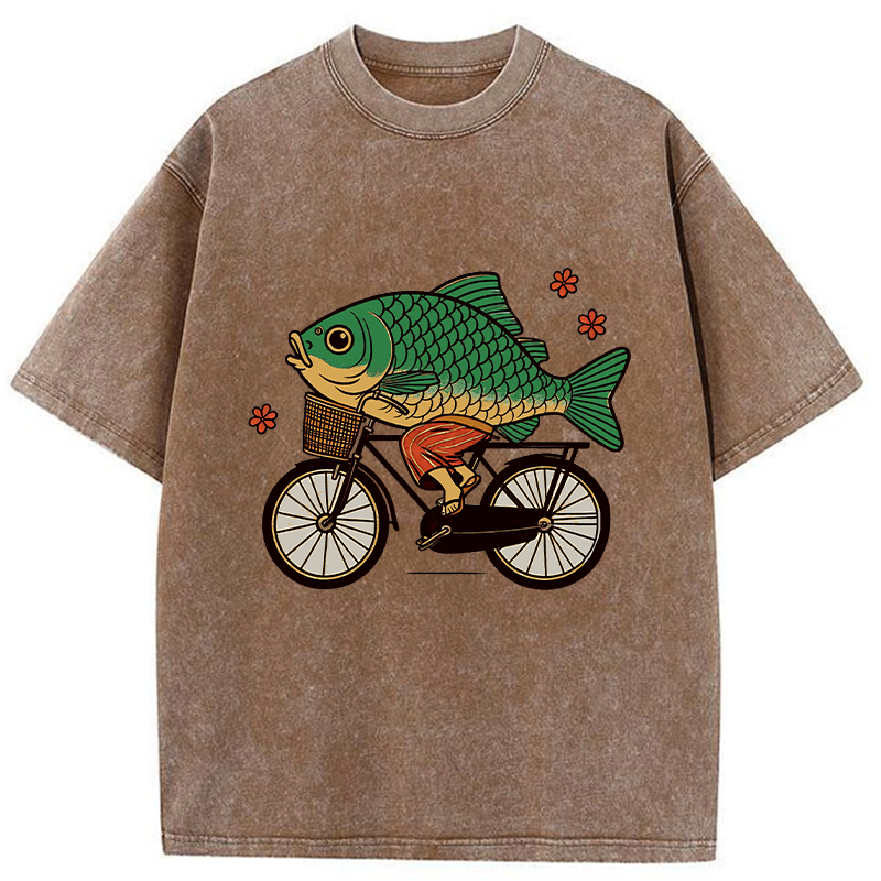 Funny Fish Riding A Bicycle Washed T-Shirt