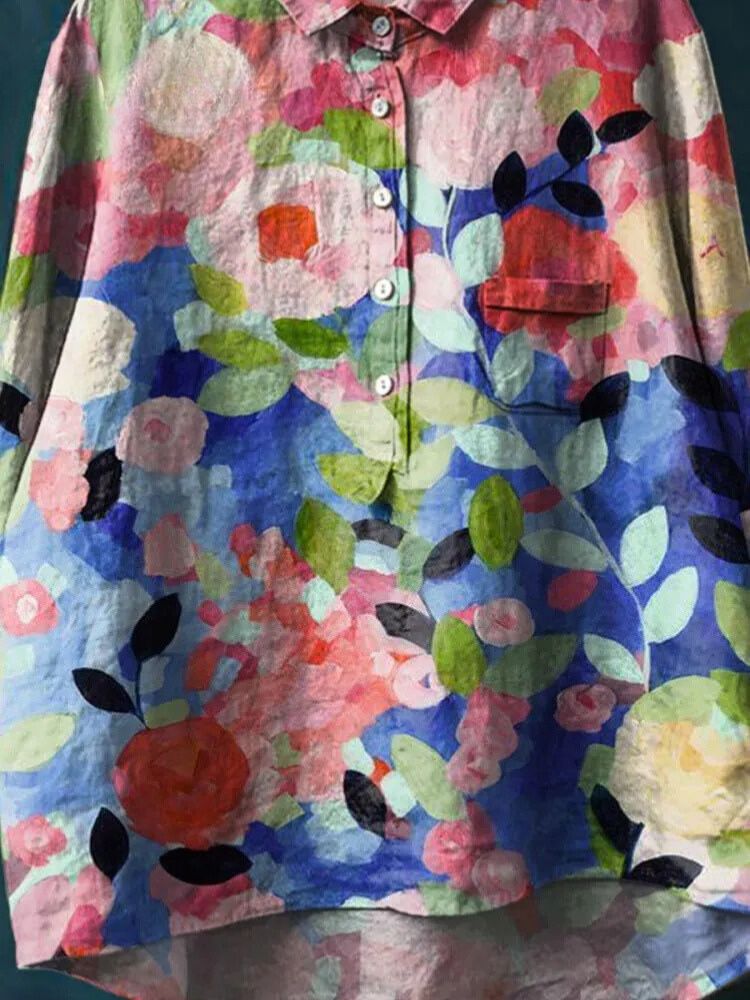 Women's Vintage Lovely Floral Art Print Casual Cotton And Linen Shirt