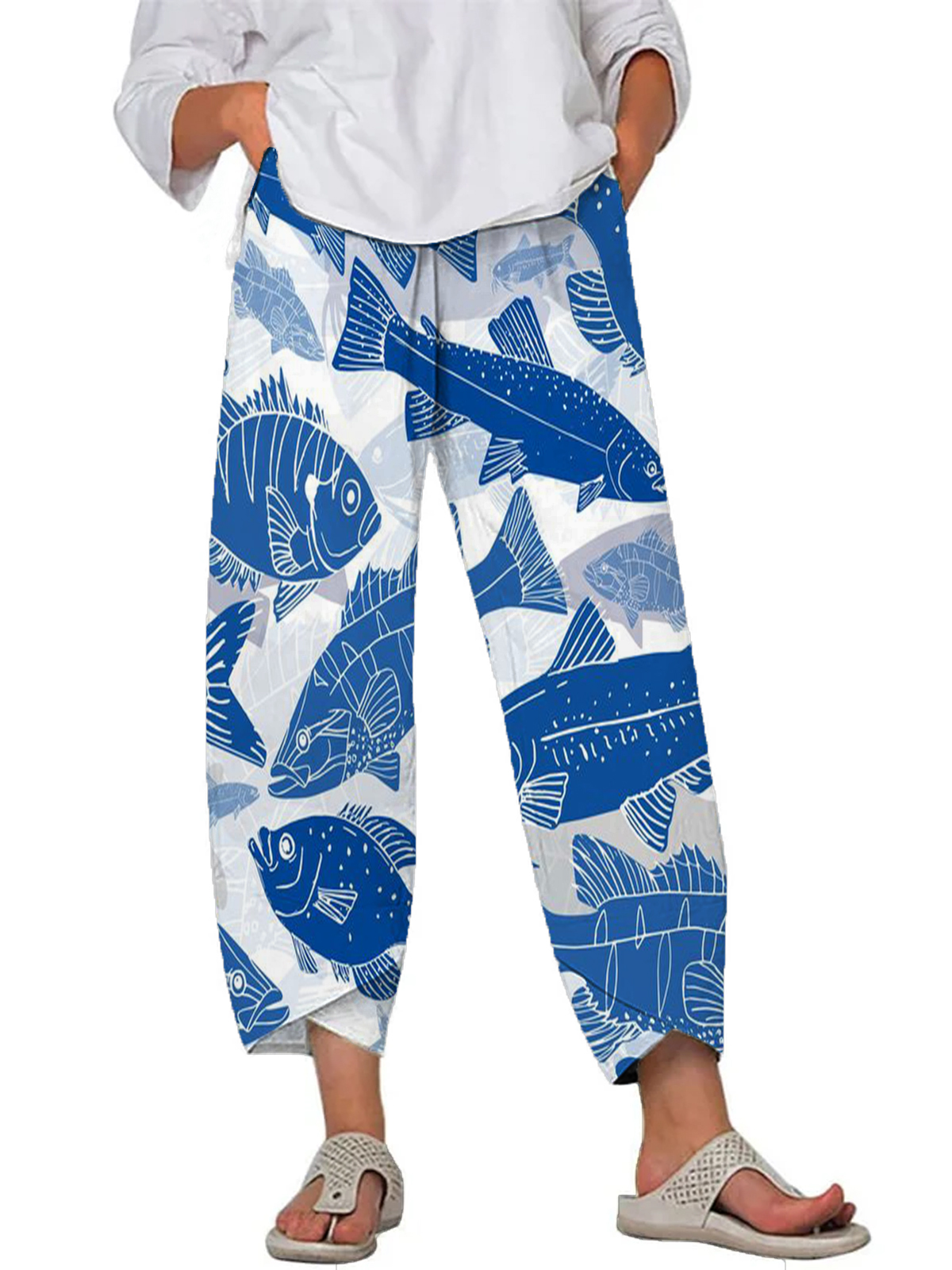  Art Fish Print Cropped Casual Pants