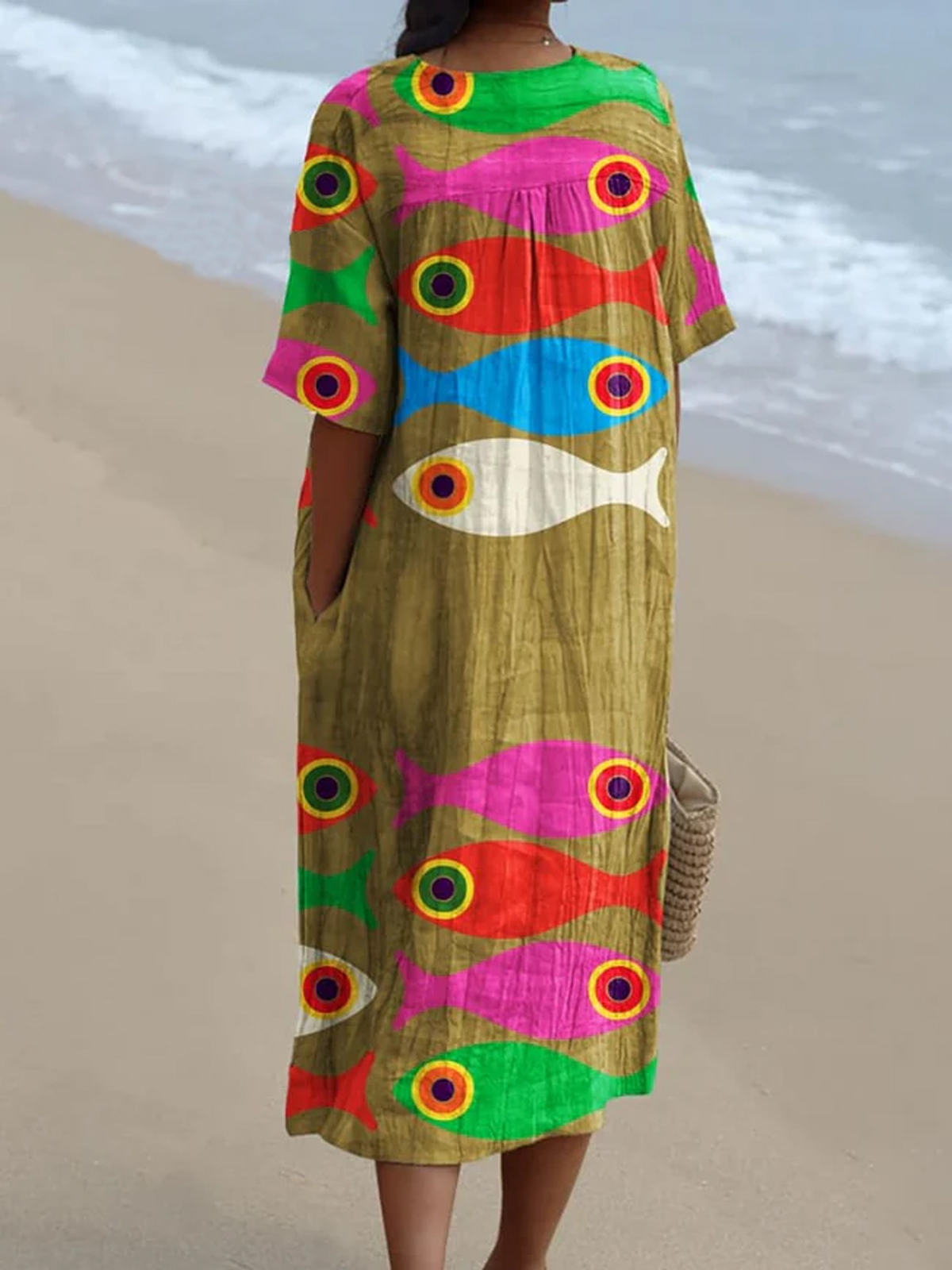 Women's Cute Colorful Bigeye Fish Watercolor Splash Fluid Art Print Flowy Dress