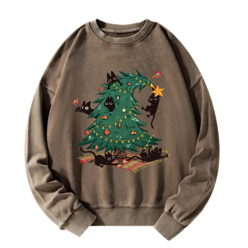 Christmas Tree And Cat Washed Sweatshirt