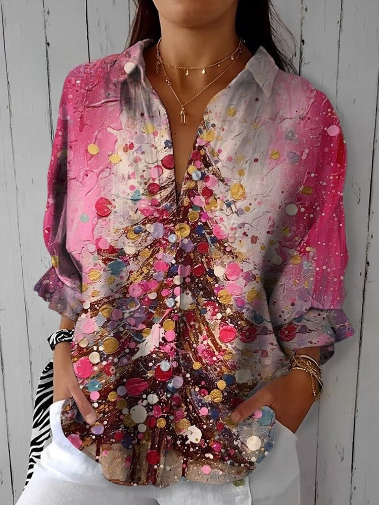 Colorful Christmas Tree Printing Cotton And Linen Shirt