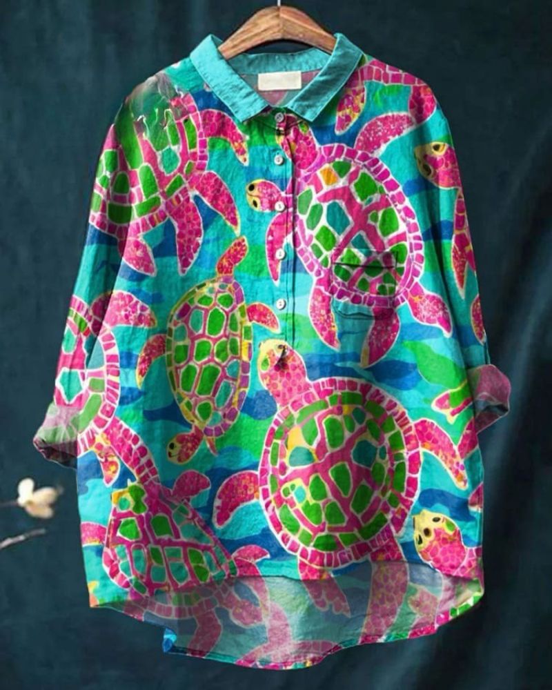 Women's Colorful Turtle Art Print Casual Cotton And Linen Shirt