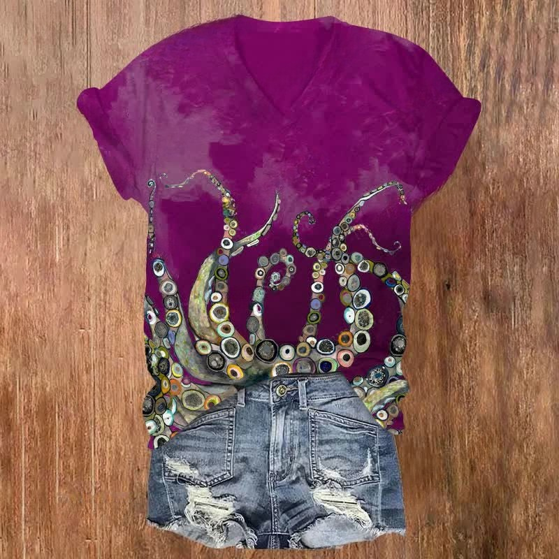 Colorful Octopus Oil Painting Print v-neck T-Shirt