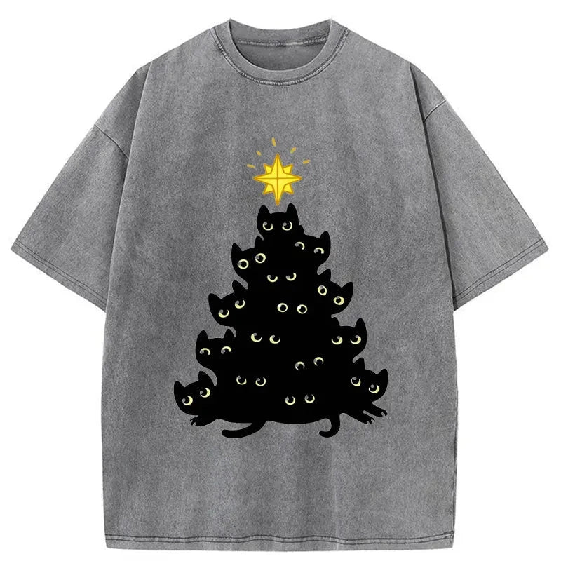   Black Cat Christmas Tree Washed T-Shirt