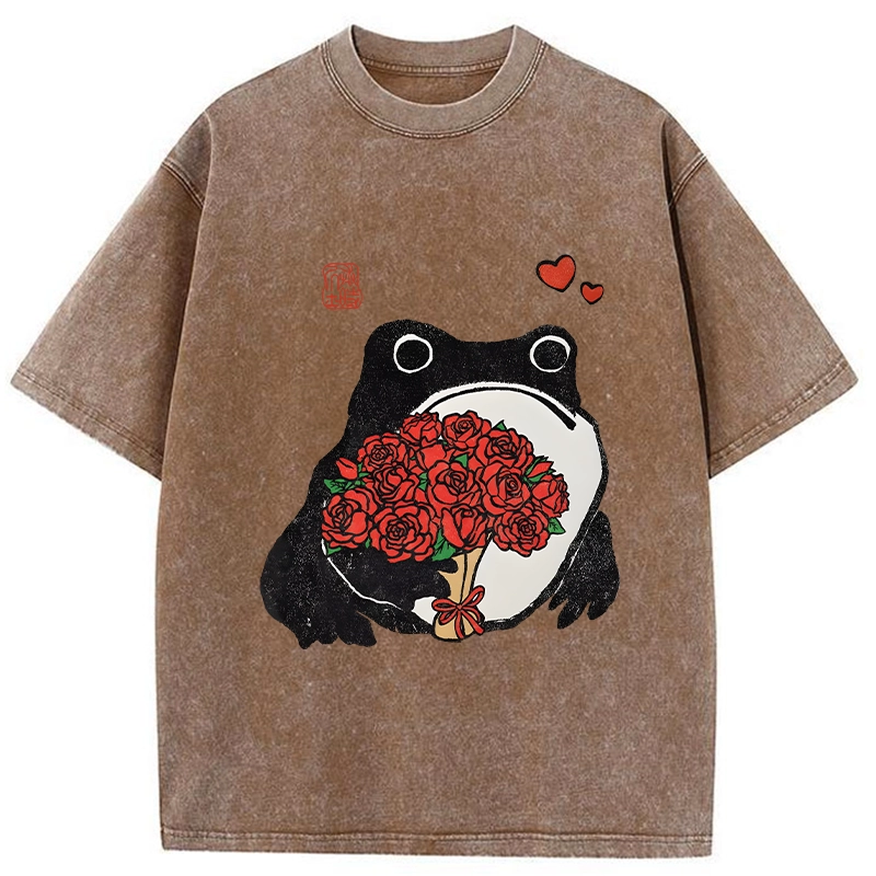 Romantic Frog Holding Roses Washed T-Shirt