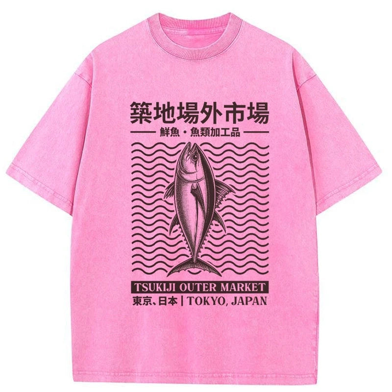 Wave Tokyo Tsukiji Fish Market Japan Washed T-Shirt