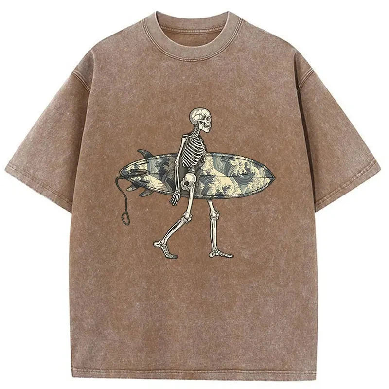   Skeleton Ready To Go Surfing Washed T-Shirt