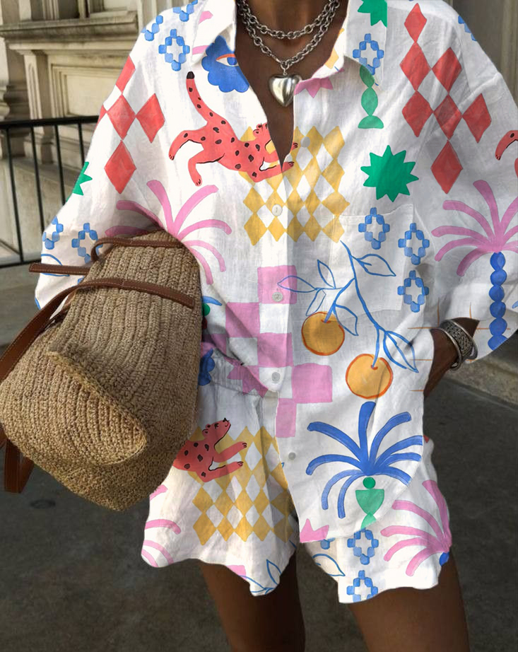 Women's Art Geometric Eyes Printed Casual Two-Piece Set