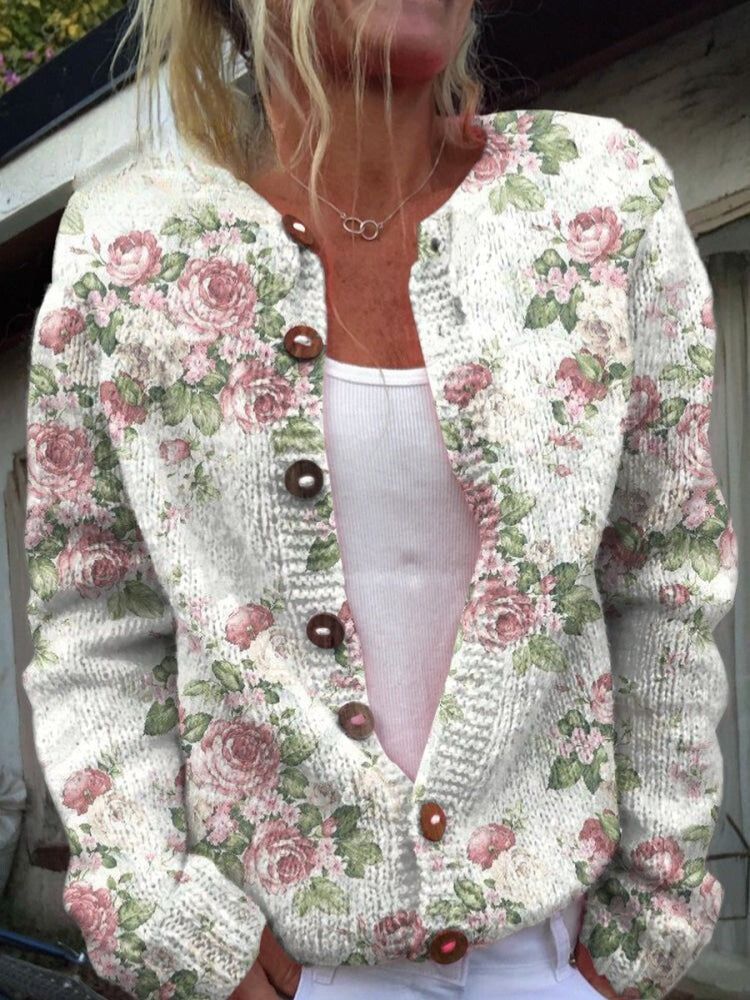 Lovely Meadows Floral Pattern Printed Buttoned Cardigan Sweater