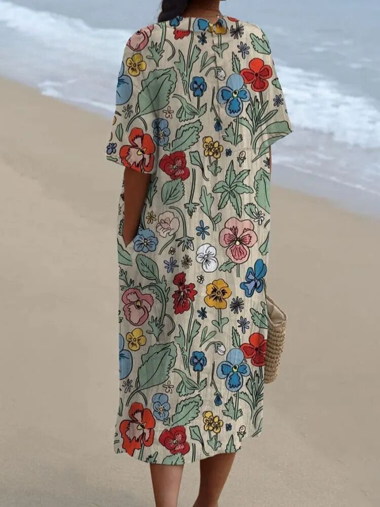 Women's Vintage Floral Art Print Pocket Linen Dress（Convertible Dress With Front And Back Option）