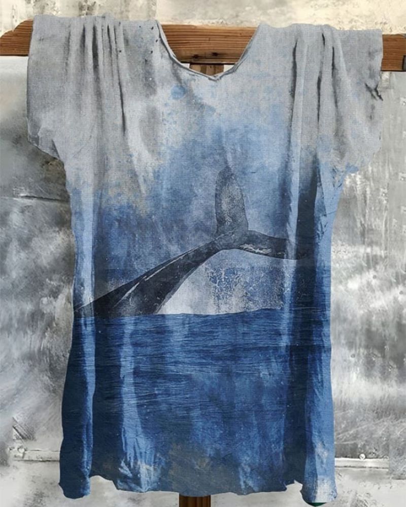 Women's Vintage Whale Art  Print Casual Cotton And Linen Shirt