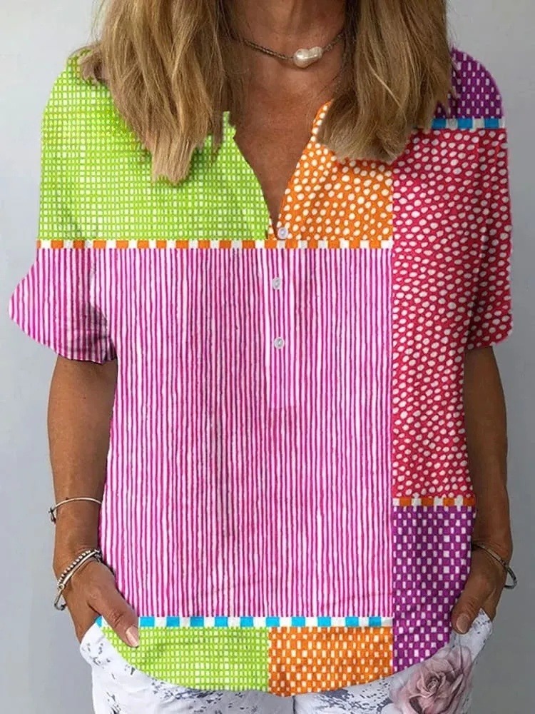 Women's Vintage Abstract Geometric Color Block Line Art Print Casual Shirt