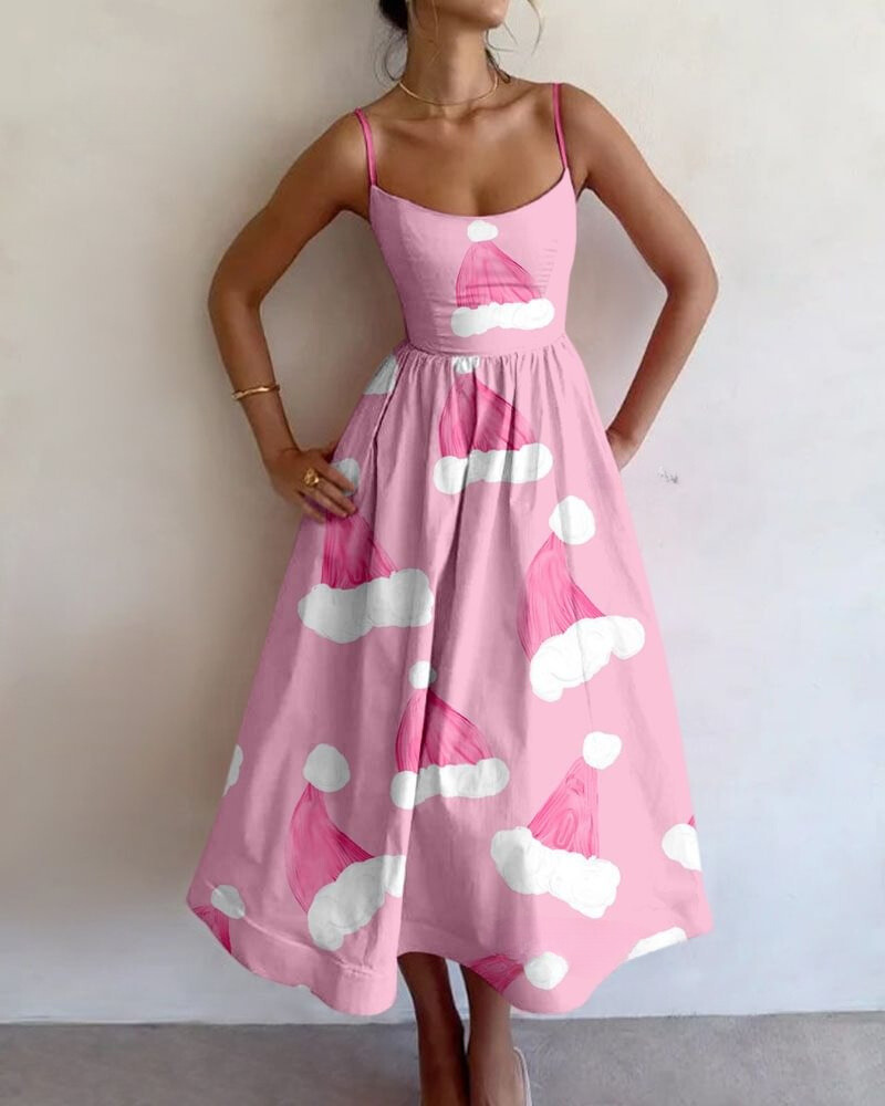 Sweet Santa Hat Printed Dress