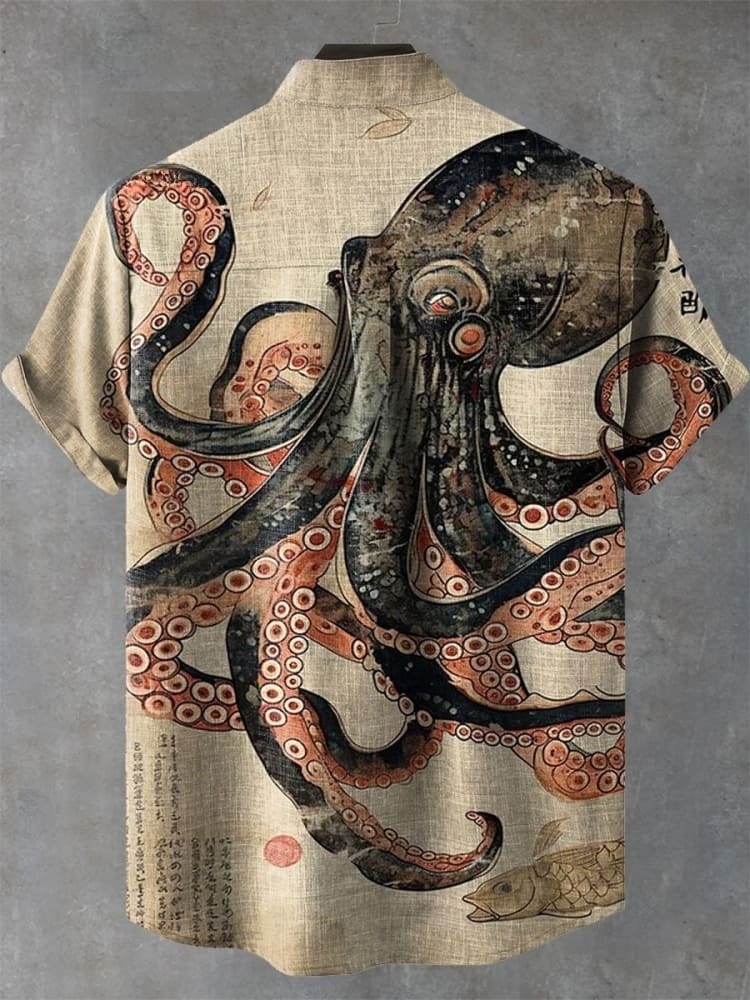 Vintage Fish Octopus Art Print Casual Shirt