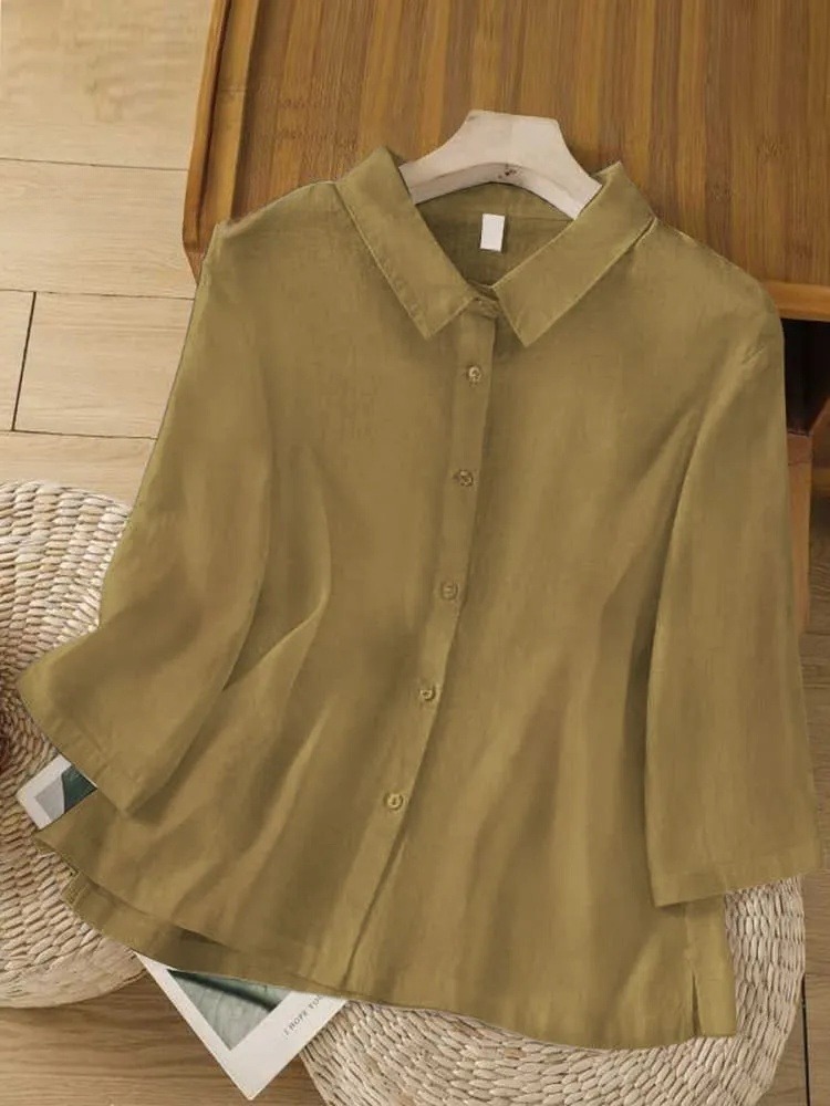 Women's  Solid Color Lapel 3/4 Sleeves Casual Shirt