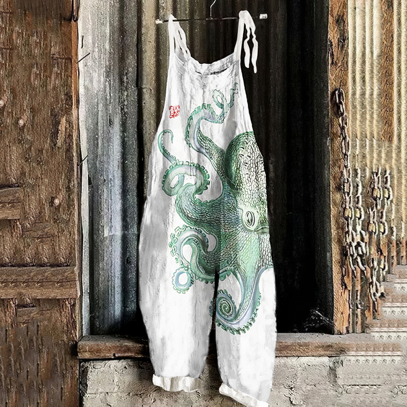 Vintage Cute Green Octopus Linen Blend Loose Casual Jumpsuit
