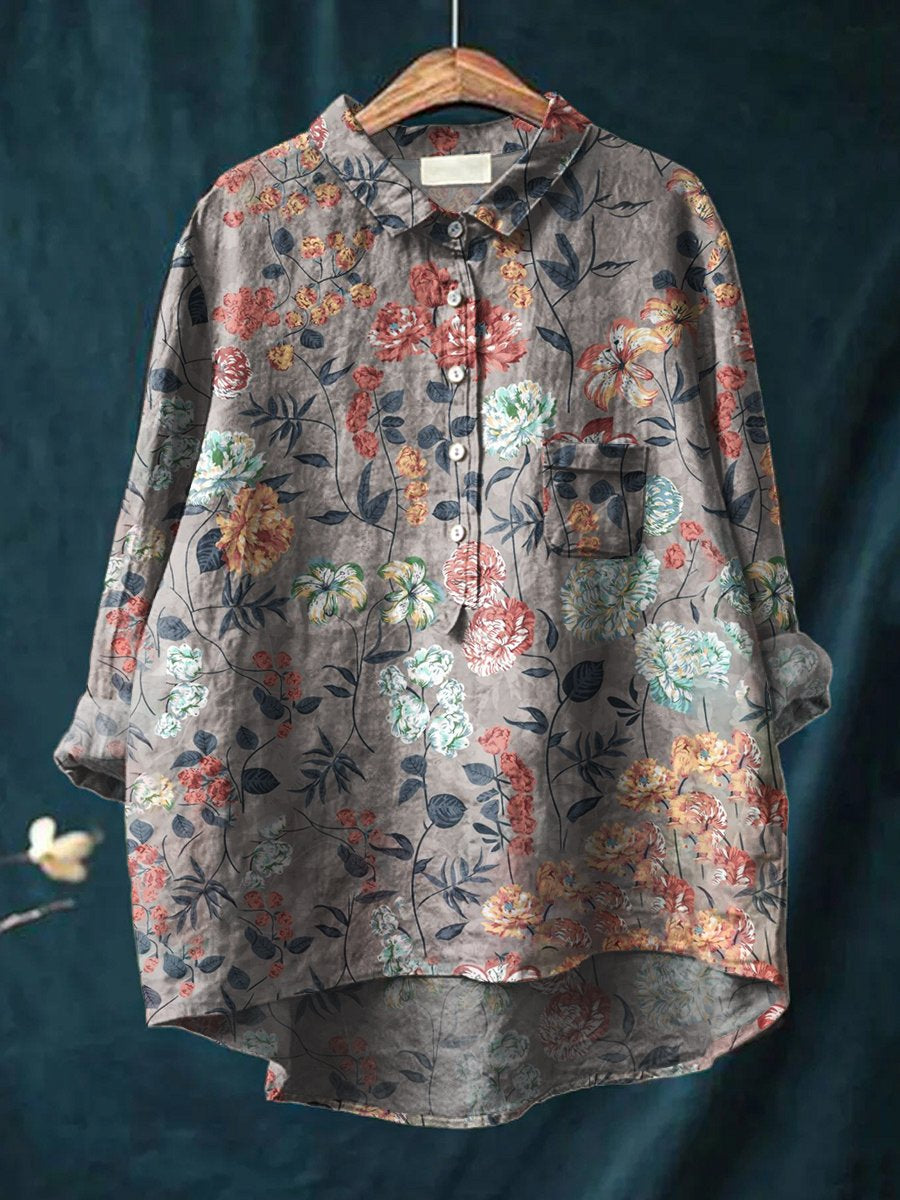 Women's Floral Art Print Casual Cotton And Linen Shirt