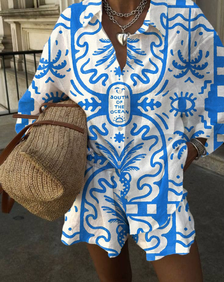 Women's Art Geometric Eyes Print Casual Two-Piece Set