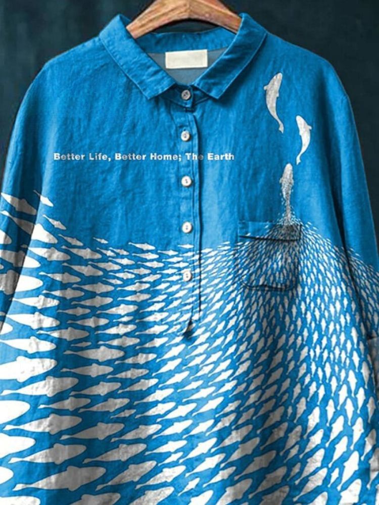 Protect Life On Earth Pattern Printed Women's Casual Cotton And Linen Shirt