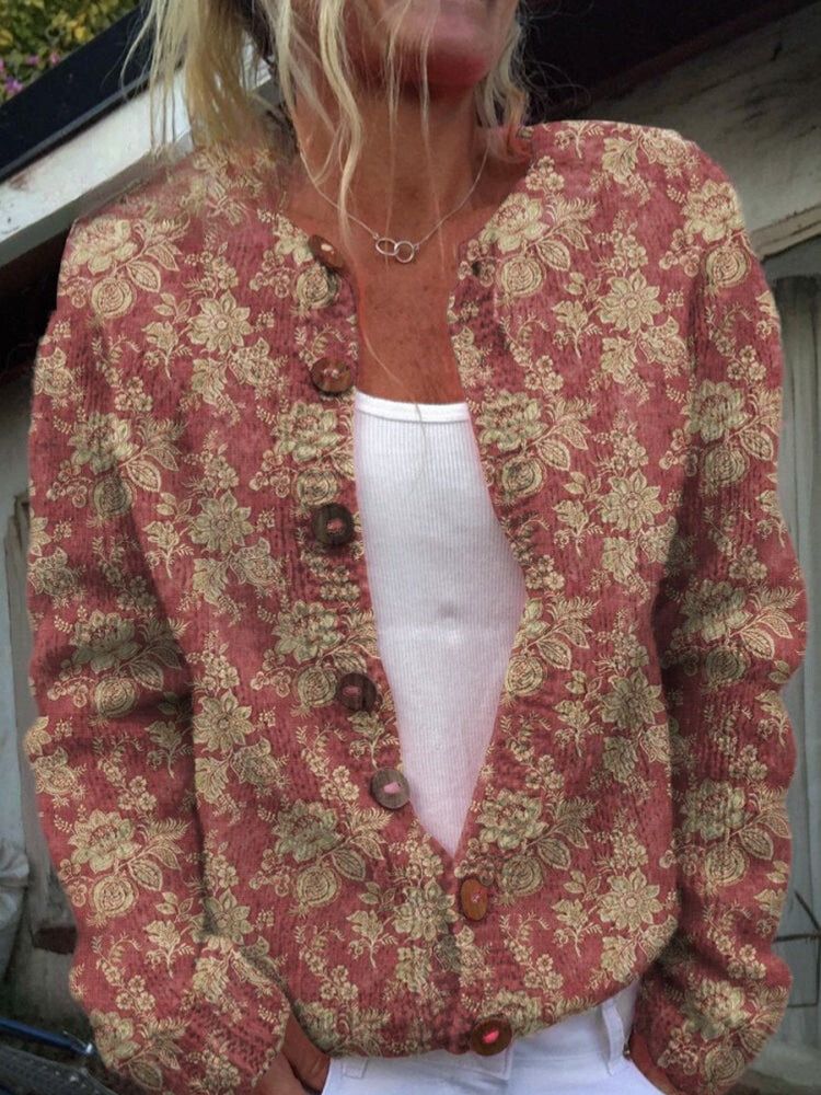 Lovely Meadows Floral Pattern Printed Buttoned Cardigan Sweater