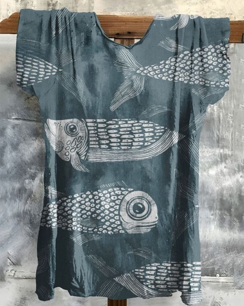 Women's Vintage Fishs Art  Print Casual Cotton And Linen Shirt