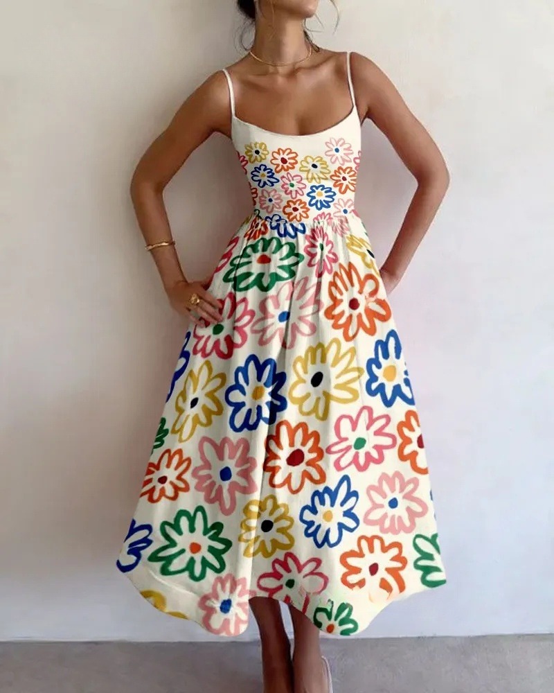 Hand-painted Flower Printed Halter Dress