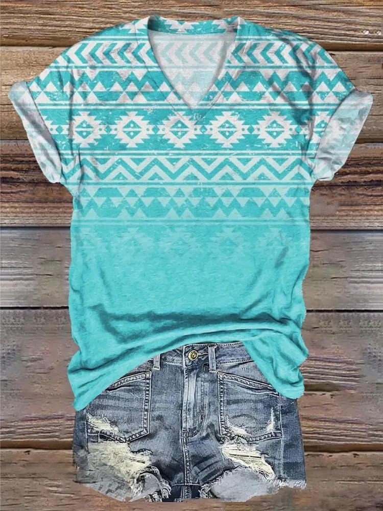 Turquoise Vintage Western Aztec Print T-shirt