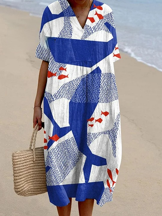 Women's Whale Japanese Art Pattern Linen Blend Dress