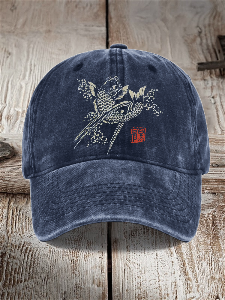 Koi Fish Sea Waves Japanese Lino Art Washed Cap