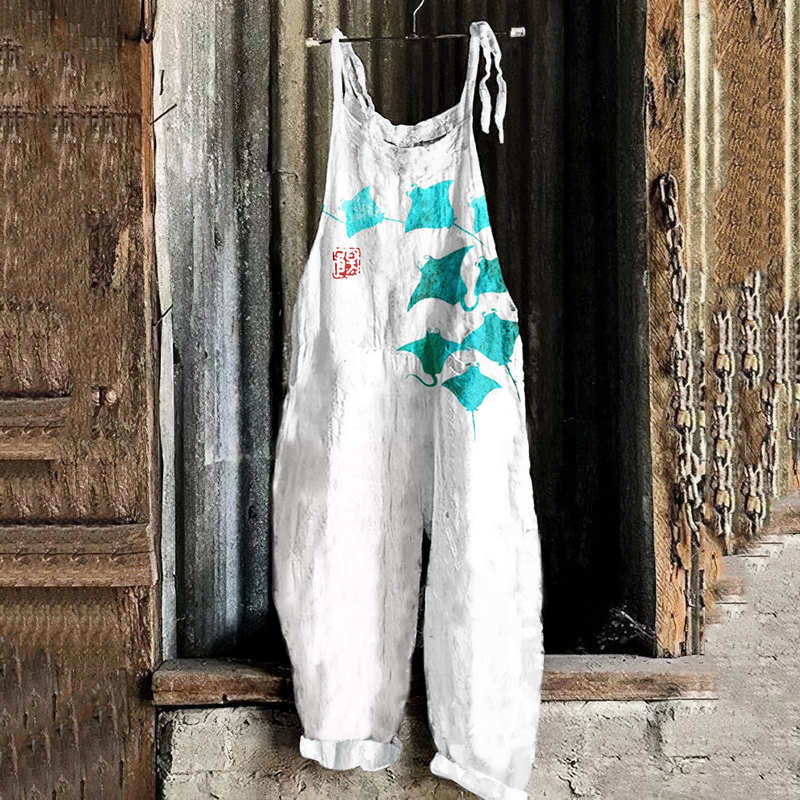 Vintage Manta Rays Art Loose Casual Jumpsuit