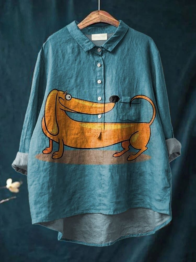 Vintage Lovely Dachshund Art Print Casual Cotton And Linen Shirt