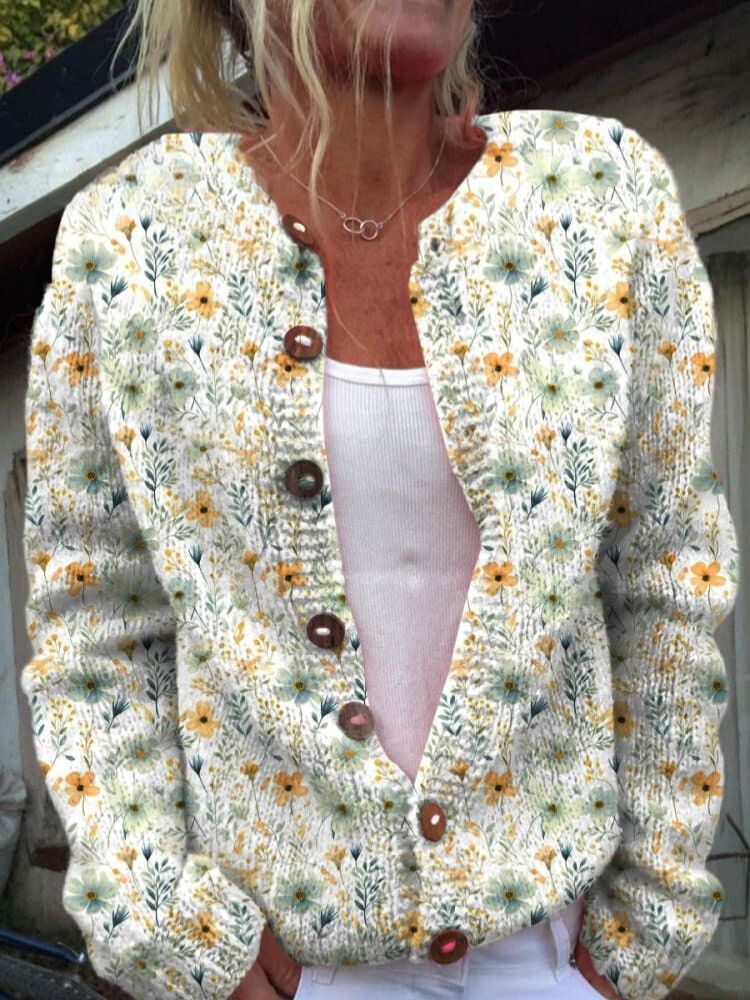 Lovely Meadows Floral Pattern Printed Buttoned Cardigan Sweater