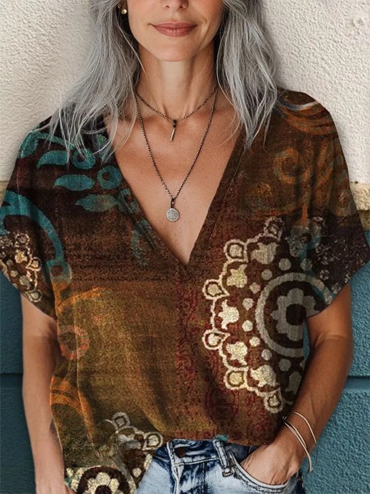 Women's Floral V-neck Casual T-Shirt