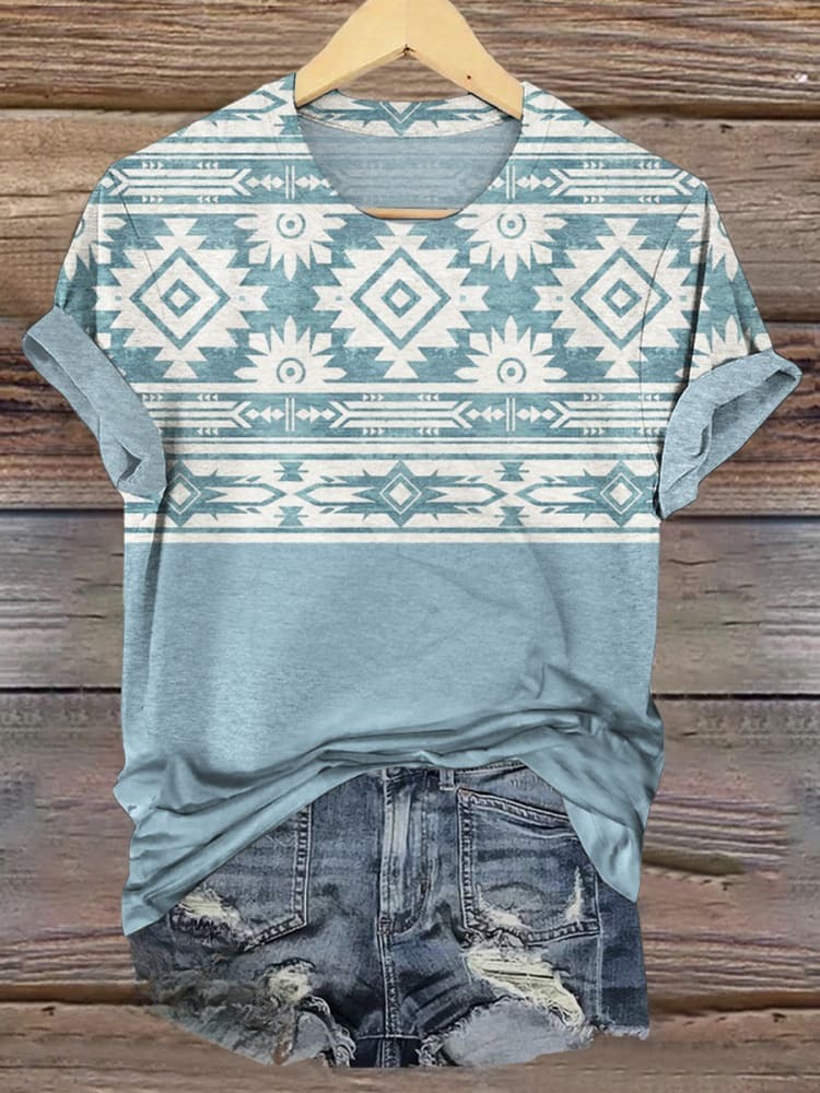 Aztec Art Print Casual Short Sleeve Top