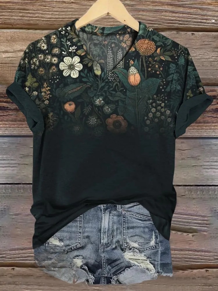 Retro Floral Print Casual V-neck Top
