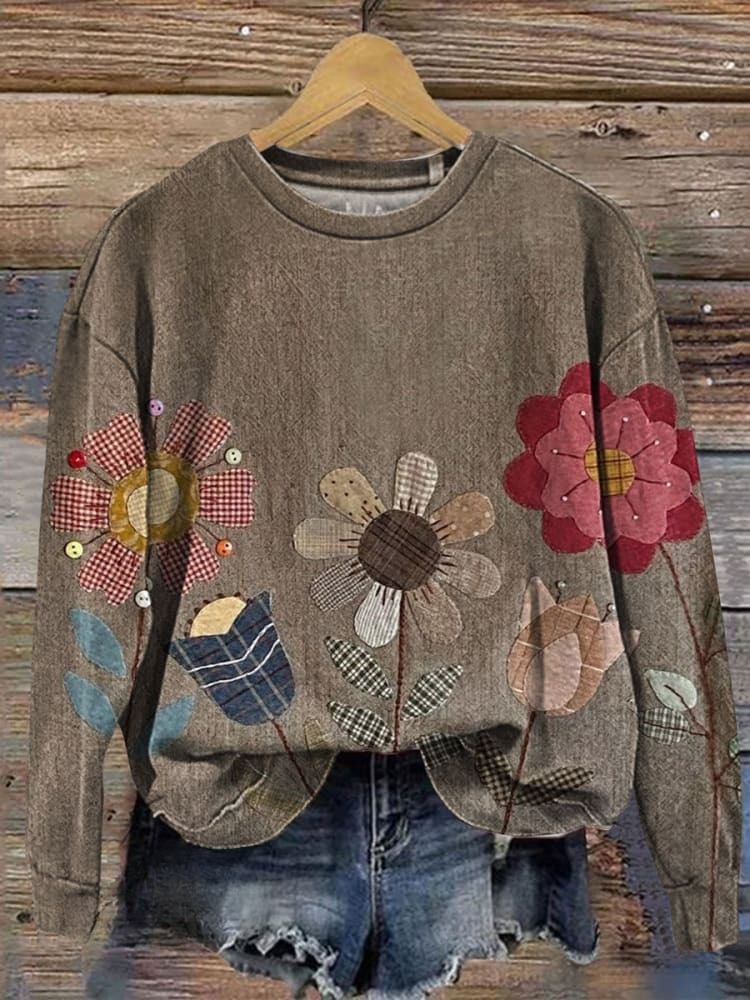 Vintage Floral Print Casual Cotton Sweatshirt