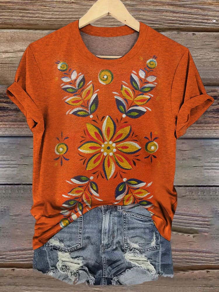 Vintage Folk Art Floral Prints Casual T-shirt