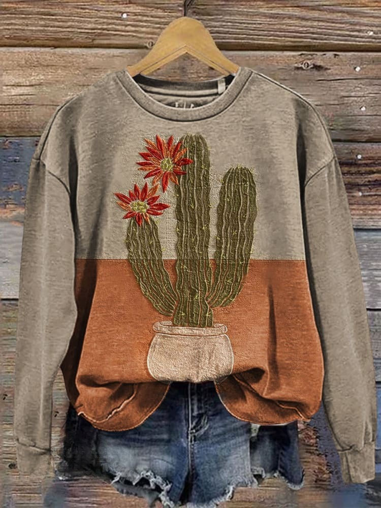 Vintage Cactus Art Print Casual T-shirt