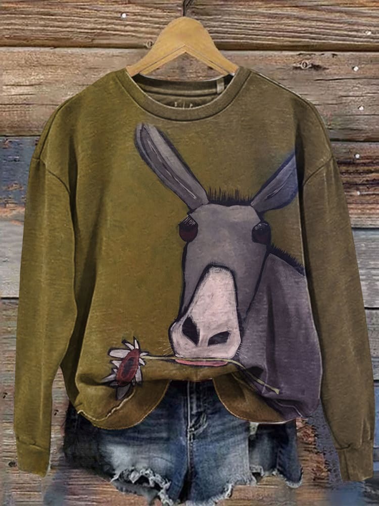 Vintage Rustic Flower-Munchin’ Donkey Graphic Casual T-shirt