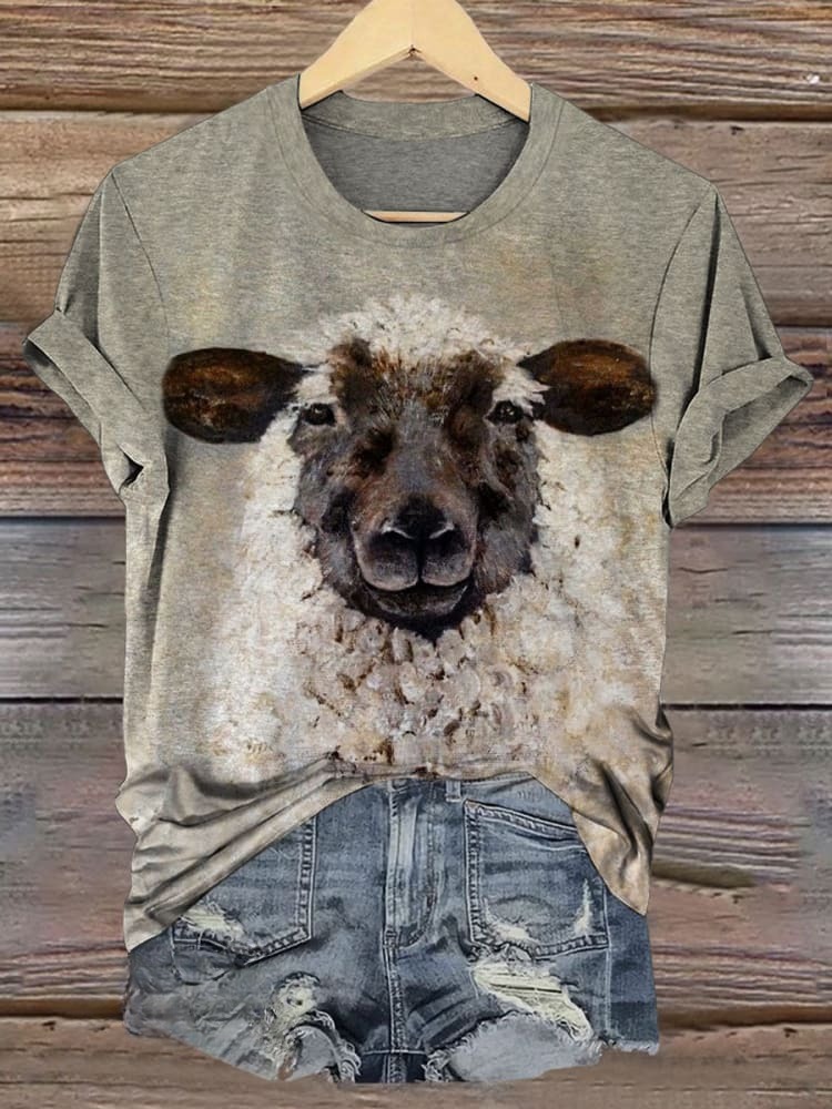 Vintage Lamb Art Print Casual T-shirt