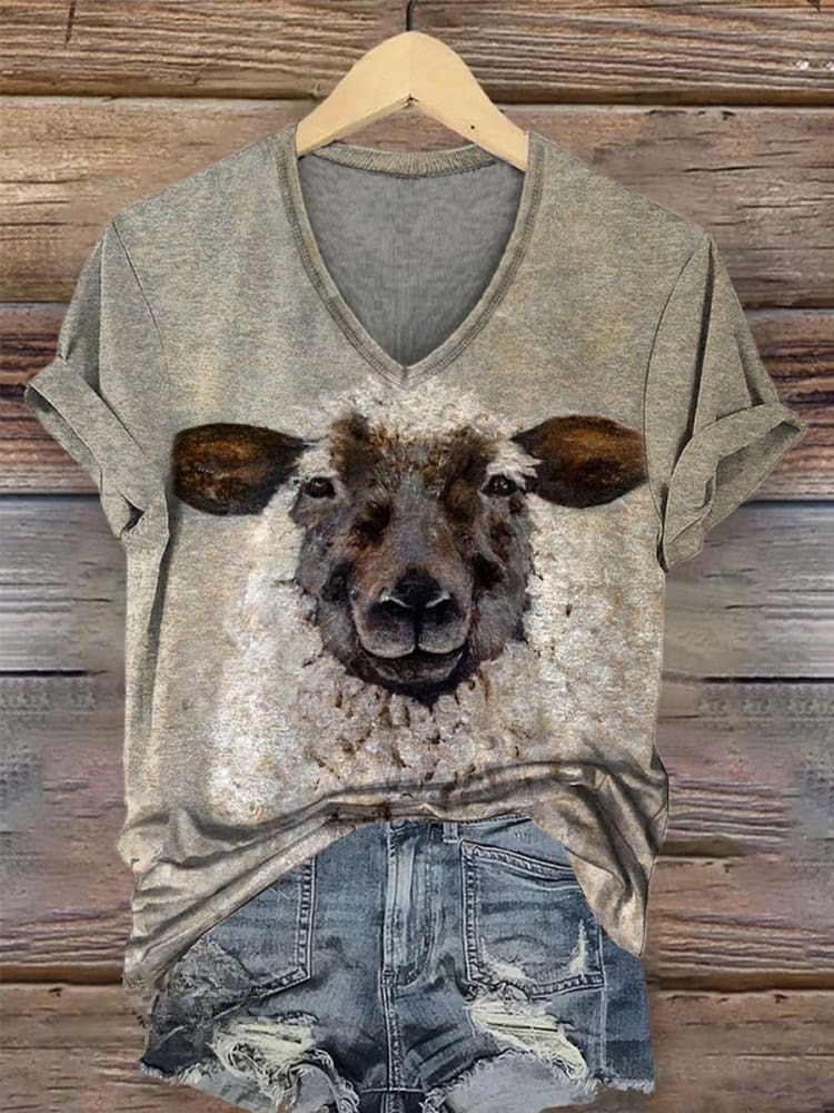 Vintage Lamb Art Print Casual T-shirt