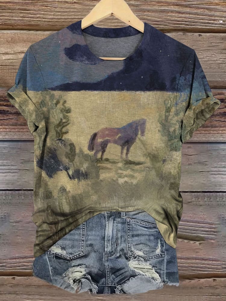 Vintage Horse Art Print Casual T-shirt