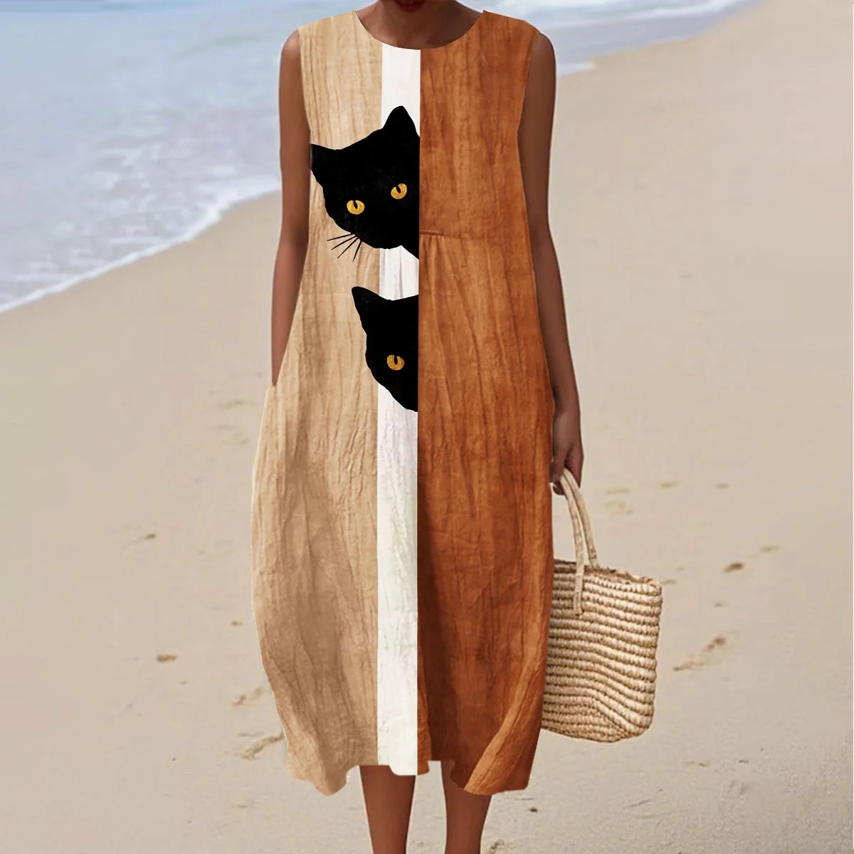 Women's Vintage Abstract Geometric Black Cat Art Linen Tank Midi Dress