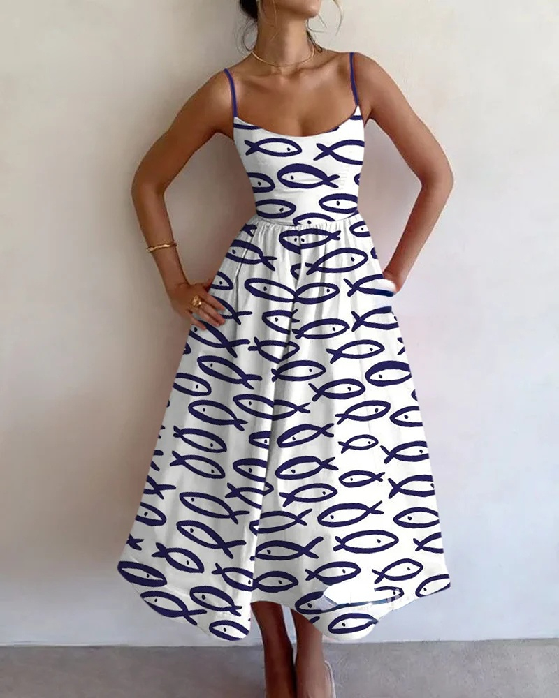 Slip Figure Fish Print Sling Dress